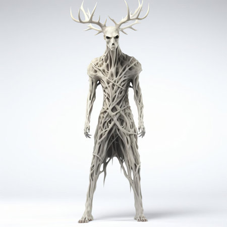 the 3d wendigo, a terrifying mythical creature from native american folklore, stands proudly in a full-body pose on a pristine white isolated background, showcasing its eerie, gaunt features and long, spindly limbs, evoking a sense of foreboding and dread, perfect for horror and fantasy designs. ai generatedの素材