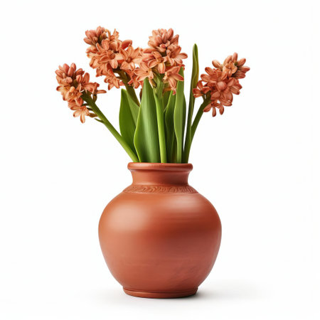 the terracotta vase, adorned with elegant curves and earthy tones, beautifully showcases a stunning hyacinth bloom, its delicate petals and vibrant colors popping against a crisp white background, evoking a sense of springtime serenity and floral sophistication in home decor and interior design. ai generatedの素材