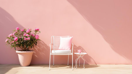this charming garden furniture, set against a delicate pastel pink wall, creates a soft and feminine ambiance, perfect for showcasing outdoor decor, patio furniture, and garden accessories in a serene and inviting atmosphere, ideal for summer entertaining and alfresco living. ai generatedの素材