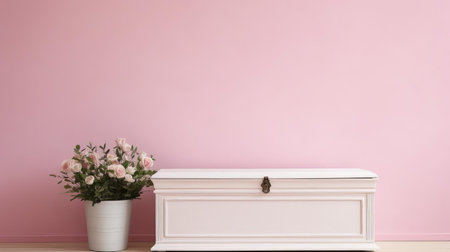 this elegant hope chest, set against a soothing pastel pink wall, provides a soft and feminine backdrop for showcasing products, perfect for lifestyle, home decor, and vintage-inspired photography, evoking feelings of warmth, coziness, and nostalgia. ai generatedの素材