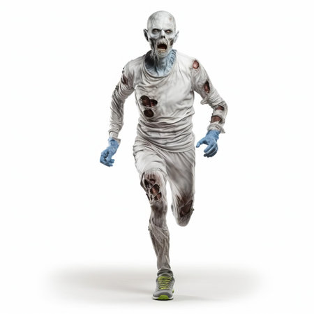 a 3d zombie, dressed in a tattered running uniform, sprints into action against a pristine white background, showcasing its undead athleticism in stunning detail, perfect for horror and sports-themed designs, animations, and digital art projects. ai generatedの素材