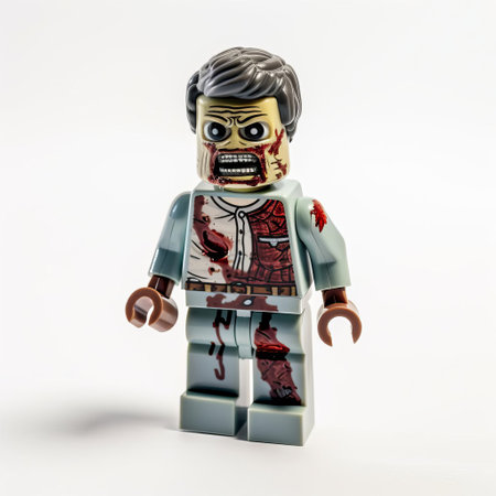 the lego zombie, isolated on a pristine white background, stands in a menacing pose, showcasing its gruesome yet colorful details, perfect for fans of the popular lego minifigures series and enthusiasts of horror-themed toys and collectibles. ai generatedの素材