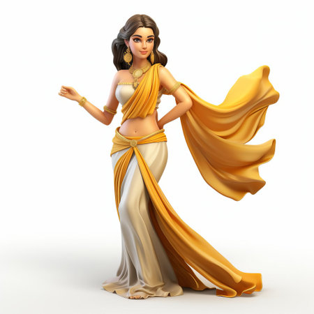 the indian woman, adorned in a vibrant saree, stands confidently against a pristine white background, showcasing her stunning beauty and intricate traditional attire, perfect for cultural and festive designs, with her 3d cartoon style adding a playful touch to any visual project. ai generatedの素材