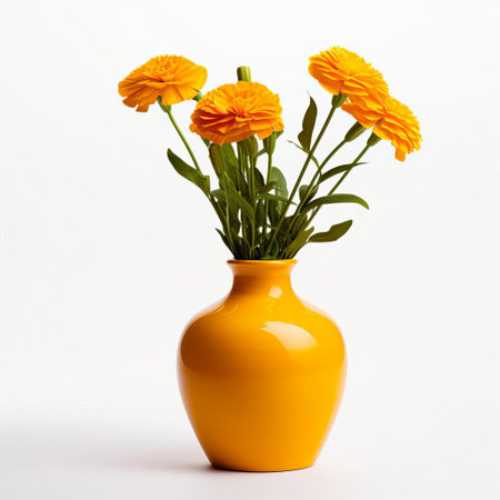 the marigold vase, a stunning example of simple yet elegant handmade craftsmanship, sits isolated on a pristine white background, showcasing its delicate curves and vibrant floral patterns, perfect for adding a touch of rustic charm to any home decor or office space. ai generatedの素材