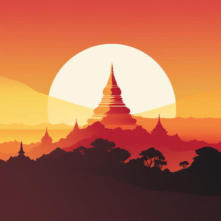 the poster features a stunning minimalist and abstract design that beautifully captures the vibrant colors of myanmar, blending traditional burmese motifs with modern aesthetics, perfect for adding a touch of southeast asian flair to any room's decor. ai generatedの素材