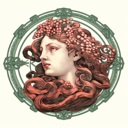 this vintage gorgon stamp, showcased on a pristine white background, features an exquisite color line engraving, evoking a sense of ancient mythology, perfect for collectors of rare and isolated old prints, philatelists, and enthusiasts of antique art and historical relics. ai generatedの素材