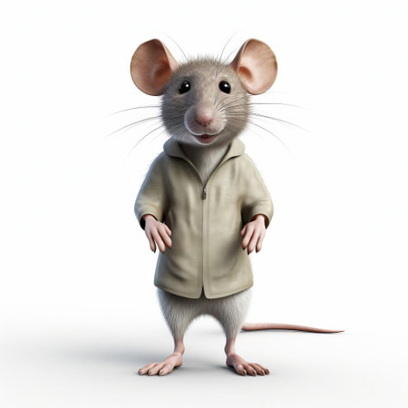 the rat, a minimalist 3d character, stands proudly on a pristine white isolated background, showcasing its sleek full body design, perfect for illustrations, animations, and graphics requiring a stylized rodent model with a clean and simple aesthetic. ai generatedの素材