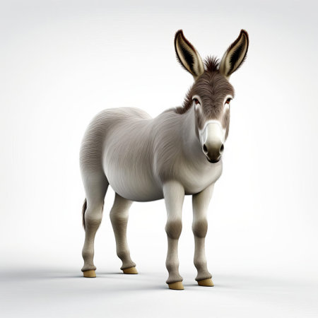 this adorable 3d donkey, rendered in a simple cel-shaded style, gazes directly at the camera, its endearing expression captivating the viewer, set against a pristine white background, showcasing its full body in stunning detail, perfect for animation, illustration, or graphic design projects. ai generatedの素材
