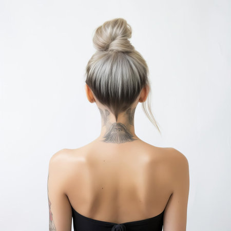 ava stands confidently with her back to the camera, showcasing her stylish top knot hairstyle against a clean white background, exuding elegance and sophistication, perfect for fashion, beauty, and lifestyle inspiration, highlighting her chic updo and trendy hair accessory. ai generatedの素材