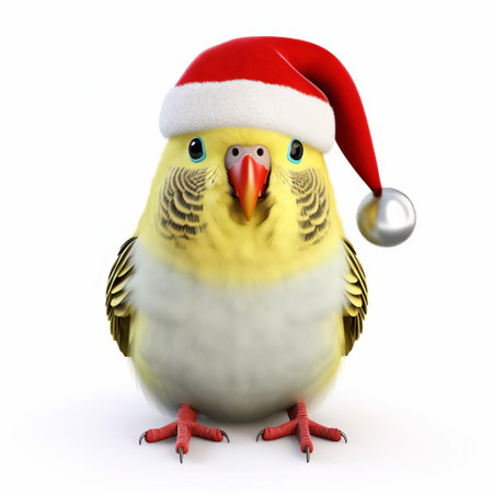 this adorable budgerigar, donning a festive santa hat and sporting a bright red nose, poses against a crisp white background in a delightful 3d rendering, perfect for holiday decorations, festive designs, and christmas-themed projects, evoking feelings of joy and cheer. ai generatedの素材