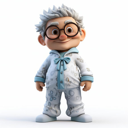 a cartoon character, depicted in 3d render, wears cozy pajamas, posing in a full-body stance against a crisp white background, showcasing playful and relaxed vibes, perfect for illustrations, animations, and digital designs related to bedtime, sleep, and relaxation. ai generatedの素材