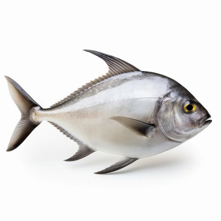 the lovely pomfret fish is showcased in this stunning real photo, captured in a three-quarter profile pose against a pristine white background, highlighting its vibrant silver scales and delicate fins, perfect for seafood enthusiasts and fish lovers alike. ai generatedの素材