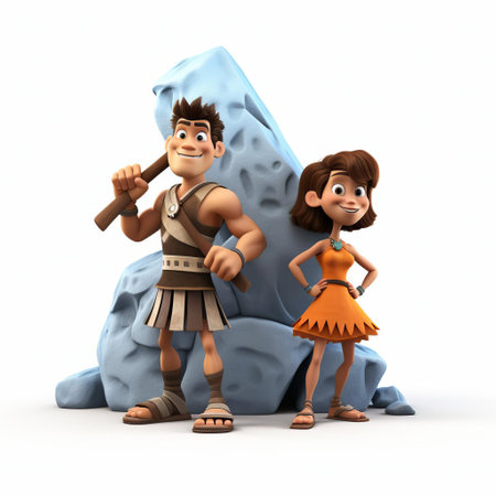 the flintstones, the beloved cartoon characters from the stone age, are depicted in this 3d illustration, showcasing fred flintstone and his friends in full body, standing proudly on a crisp white isolated background, evoking a sense of nostalgia and retro charm, perfect for fans of the classic animated series. ai generatedの素材