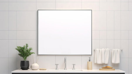 this sleek bathroom mirror boasts a frameless design, seamlessly blending into its surroundings against a crisp white background, exuding a sense of modern minimalism and sophistication, perfect for adding a touch of elegance to any bathroom decor, interior design, or home renovation project. ai generatedの素材
