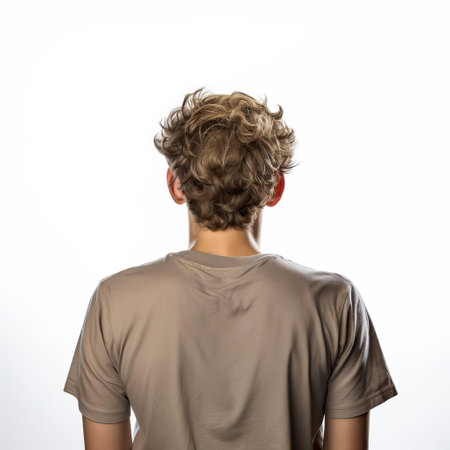 noah stands confidently with his back to the camera, showcasing his stylish crew cut hairstyle against a clean white background, highlighting his modern and trendy fashion sense, perfect for men's grooming and hairstyle inspiration. ai generatedの素材