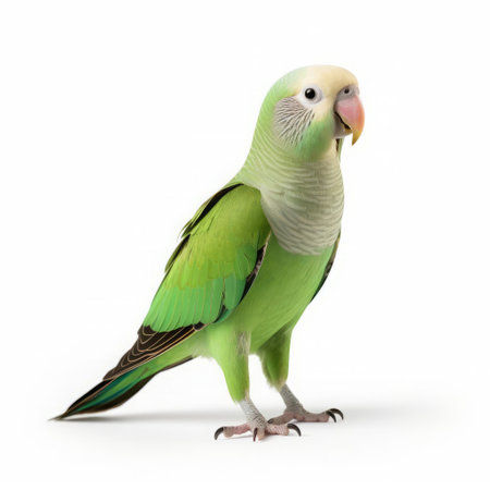 the quaker parrot, also known as the monk parakeet, perches confidently on a pristine white background, showcasing its vibrant green plumage, grey chest, and distinctive grey forehead, making it a popular choice as a colorful and affectionate pet bird among parrot enthusiasts and bird lovers alike. ai generatedの素材