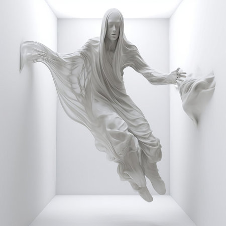 the 3d poltergeist, a spooky full-body specter, eerily floats on a pristine white isolated background, evoking a sense of paranormal activity, perfect for halloween or horror-themed designs, adding a touch of supernatural mystery to your digital art, graphics, and illustrations. ai generatedの素材
