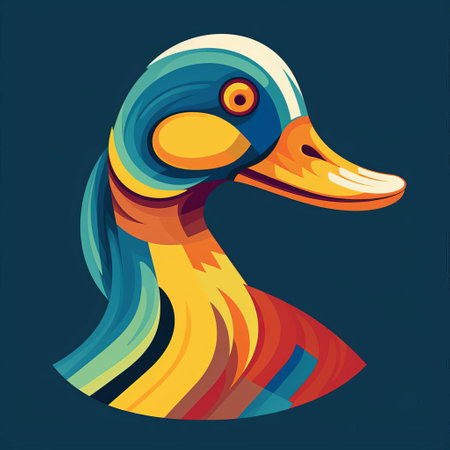 the funky duck, illustrated in a vintage and retro style reminiscent of ilya mogilevchik's iconic designs, is a simple yet striking vector graphic featuring a bold and colorful palette of six distinct hues, free from gradients, perfect for adding a touch of nostalgic charm to any design. ai generatedの素材