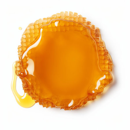 honey, a sweet and viscous fluid, is showcased in a stunning close-up photograph, set against a pristine white background, highlighting its golden amber color and intricate texture, perfect for use in cooking, baking, and natural remedies, evoking feelings of warmth and comfort. ai generatedの素材