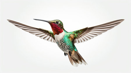 the hummingbird, with its iridescent feathers glistening in the light, is captured in mid-air, its rapid wing movement a blur as it flits from flower to flower, showcasing its remarkable agility and speed, set against a crisp white background, highlighting its vibrant plumage and delicate features. ai generatedの素材