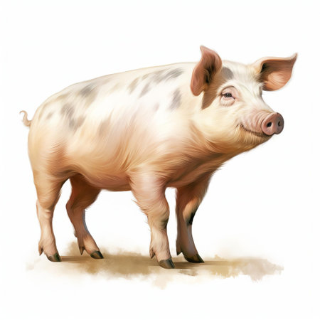 the pig, depicted in a loose, gestural style, stands proudly on a pristine white isolated background, showcasing its full body in a playful, whimsical pose, highlighting its endearing features and capturing the essence of farm animal charm and rustic elegance. ai generatedの素材
