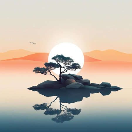 the lake, surrounded by lush greenery and a solitary tree, creates a tranquil atmosphere in this serene landscape, perfect for relaxation, featuring a minimalist design that evokes feelings of calmness and peacefulness, ideal for nature lovers and those seeking solace in the great outdoors. ai generatedの素材
