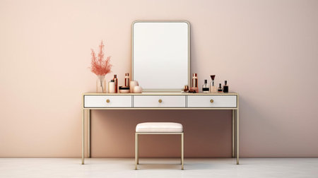 the vanity table, adorned with a luxurious golden frame, stands elegantly against a clean white backdrop, awaiting the addition of a beautiful canvas, perfect for a modern home decor or stylish office interior, evoking a sense of sophistication and refinement in any room. ai generatedの素材