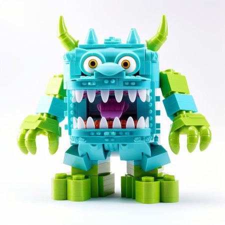 the lego monster, standing upright on its legs, showcases its vibrant colors and intricate details against a pristine white background, highlighting its full body structure, making it a perfect addition to any toy collection or creative project, ideal for photographers and designers seeking isolated lego characters. ai generatedの素材