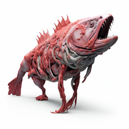 the 3d zombie salmon, with its eerie glowing eyes and tattered fins, lies lifeless on a pristine white isolated background, evoking a sense of post-apocalyptic horror, perfect for halloween or horror-themed designs, and ideal for use in digital art, graphic novels, or spooky illustrations. ai generatedの素材