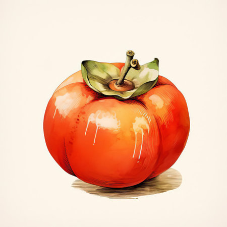 the persimmon, a vibrant orange fruit, is beautifully illustrated in this high-resolution watercolor clipart, boasting intricate details and a stunning hdr effect, set against a solid background, perfect for designs, crafts, and digital art projects requiring a realistic and visually appealing fruit representation. ai generatedの素材