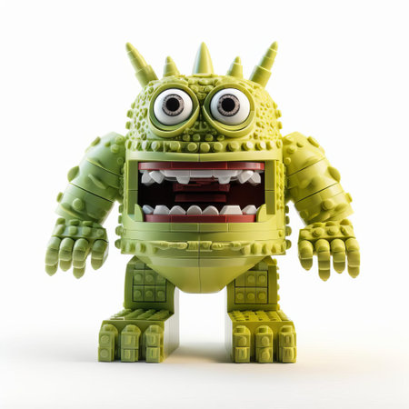 the lego monster, standing upright on its feet, is isolated on a pristine white background, showcasing its vibrant colors and intricate details, making it a perfect shot for toy enthusiasts, photographers, and designers looking for high-quality images of full-body lego figures. ai generatedの素材