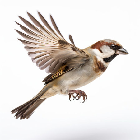the house sparrow, a small yet fierce bird species, is showcased in a stunning isolated pose on a pristine white background, highlighting its distinctive grey and brown plumage, as it prepares to pounce on its unsuspecting prey, exemplifying its remarkable hunting prowess in the wild. ai generatedの素材
