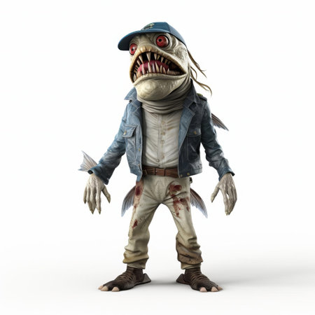 the 3d zombie herring, a terrifyingly realistic digital creation, stands upright in a full-body pose on a pristine white isolated background, showcasing its gruesome details, from its undead flesh to its eerie eyes, perfect for horror-themed designs and apocalyptic visuals. ai generatedの素材