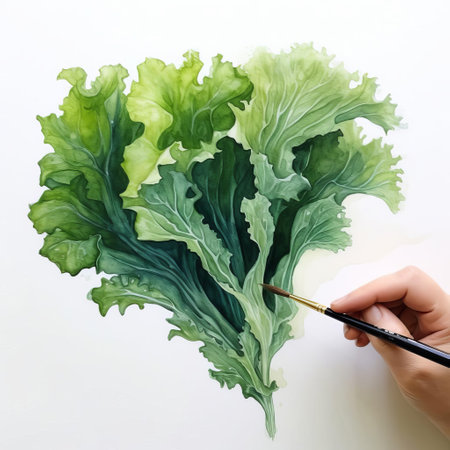 this stunning seaweed artwork showcases a hyper-realistic watercolor painting of a delicate seaweed strand suspended over a crisp white background, boasting high contrast and intricate details, evoking the mystique of the ocean's depths, perfect for coastal decor and marine-inspired art enthusiasts. ai generatedの素材