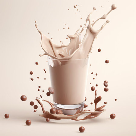 the chocolate milk, set against a clean and minimalist one-color light background, is beautifully showcased in this stunning 3d render, highlighting the creamy texture and rich brown color of this popular beverage, perfect for foodies and designers alike, evoking feelings of warmth and comfort. ai generatedの素材