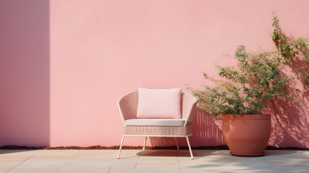 this charming garden furniture, set against a soft pastel pink wall, creates a serene and feminine ambiance, perfect for showcasing outdoor living products, patio decor, and garden accessories, evoking feelings of relaxation and tranquility in a stylish alfresco setting. ai generatedの素材