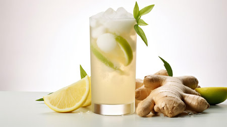 this refreshing ginger beer, set against a crisp white backdrop, evokes the perfect atmosphere for a summer picnic, outdoor gatherings, or backyard bbqs, capturing the essence of warm weather, relaxation, and refreshing drinks on a sunny day. ai generatedの素材