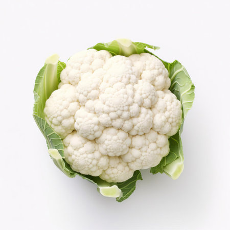 cauliflower, a popular cruciferous vegetable, is showcased in this high-quality png image, featuring a close-up top view against a clean white background, highlighting its delicate florets and vibrant white color, perfect for healthy eating and culinary illustrations. ai generatedの素材