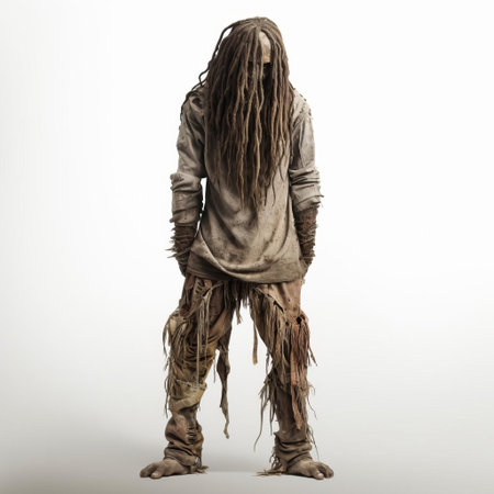 the 3d zombie, adorned with dreadlocks, stands ominously on a pristine white isolated background, its full body rendered in meticulous detail, showcasing the eerie fusion of undead horror and rastafarian flair, perfect for horror, halloween, or dark fantasy themed designs. ai generatedの素材