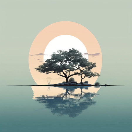 the lake, surrounded by lush greenery and a solitary tree, reflects the serene beauty of nature, evoking feelings of tranquility and calmness, perfect for a relaxing getaway or a peaceful morning stroll, capturing the essence of minimalist landscape photography and fine art nature prints. ai generatedの素材