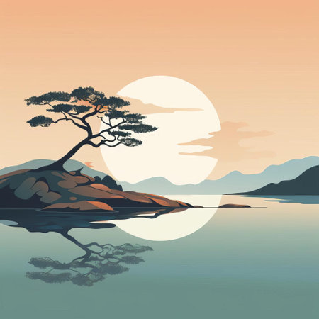 the tranquil lake scene features a majestic tree standing tall on the serene shoreline, surrounded by lush greenery, reflecting the beauty of nature, evoking feelings of calmness and serenity, perfect for a relaxing atmosphere, ideal for meditation and yoga practices, capturing the essence of a peaceful morning landscape photography. ai generatedの素材