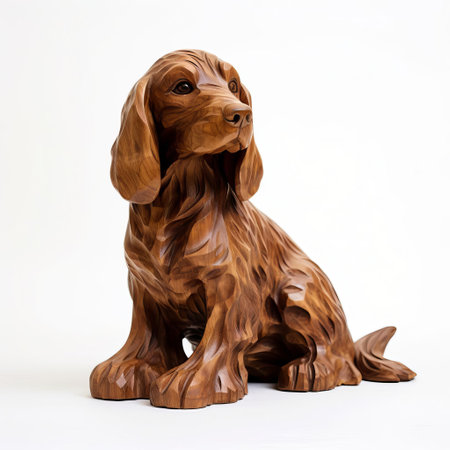 the cocker spaniel, a beloved breed, is beautifully captured in this handmade wood carving, showcasing its gentle features and endearing expression, set against a pristine white background, highlighting the intricate details of this full-body wooden sculpture, perfect for dog lovers and wood art enthusiasts alike. ai generatedの素材