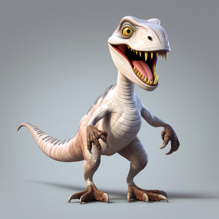 a velociraptor, a fierce and powerful dinosaur, stands proudly in a 3d cartoon illustration, showcasing its full body in stunning detail against a crisp white background, highlighting its sharp claws and scaly skin, perfect for dinosaur enthusiasts and animation fans alike. ai generatedの素材
