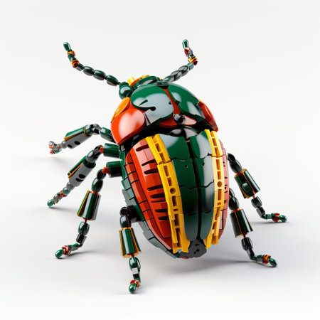 the adult beetle, meticulously crafted from lego pieces, showcases intricate details with a glossy plastic texture, adorned with vibrant stickers, capturing the essence of this tiny creature in a colorful and whimsical 3d representation, perfect for nature enthusiasts and lego aficionados alike. ai generatedの素材