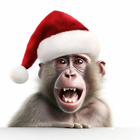a festive baboon, adorned with a bright red nose and a jolly santa hat, poses against a crisp white background in this playful 3d rendering, perfect for holiday-themed designs, christmas cards, and winter wonderland illustrations, evoking a sense of fun and festive cheer. ai generatedの素材