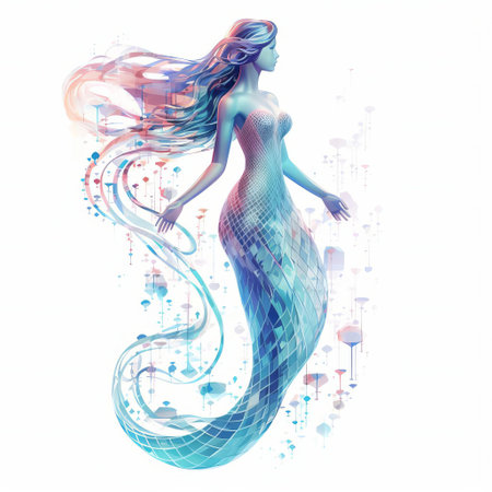 the mermaid, a mesmerizing digital artwork, poses elegantly in a full-body portrait, isolated on a pristine white background, showcasing intricate scales, flowing locks, and an alluring gaze, blending myth and technology in a stunning algorithmic art piece. ai generatedの素材