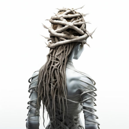 the 3d zombie, with its intricately braided hair, stands ominously on a pristine white isolated background, showcasing its gruesome full-body details, perfect for horror-themed designs, video games, or film projects requiring a terrifying undead character with a unique hairstyle. ai generatedの素材