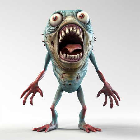 the 3d zombie sardine, rendered in stunning detail, stands upright on a pristine white isolated background, its undead eyes gleaming with an otherworldly intensity, showcasing the perfect blend of horror and humor, ideal for graphic designs, digital art, and spooky illustrations. ai generatedの素材
