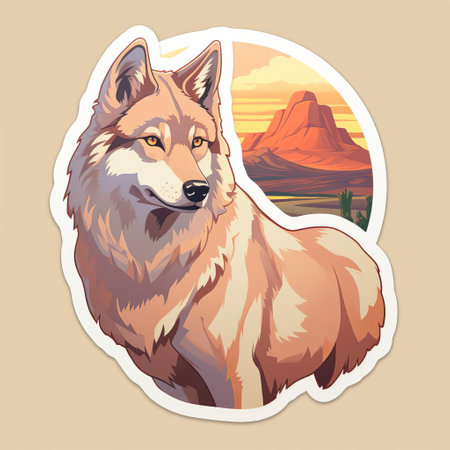 a majestic wolf stands proudly in front profile, set against a stunning desert mountain landscape, showcased in a vibrant flat design sticker, perfect for nature lovers and wildlife enthusiasts, evoking a sense of freedom and adventure in the arid wilderness. ai generatedの素材
