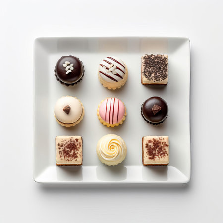 petit fours, artfully arranged in an uneven row, sit alongside a steaming cup of coffee, invitingly presented against a clean white background, evoking a sense of warmth and comfort, perfect for a relaxing morning or afternoon break, ideal for coffee lovers and pastry enthusiasts alike. ai generatedの素材